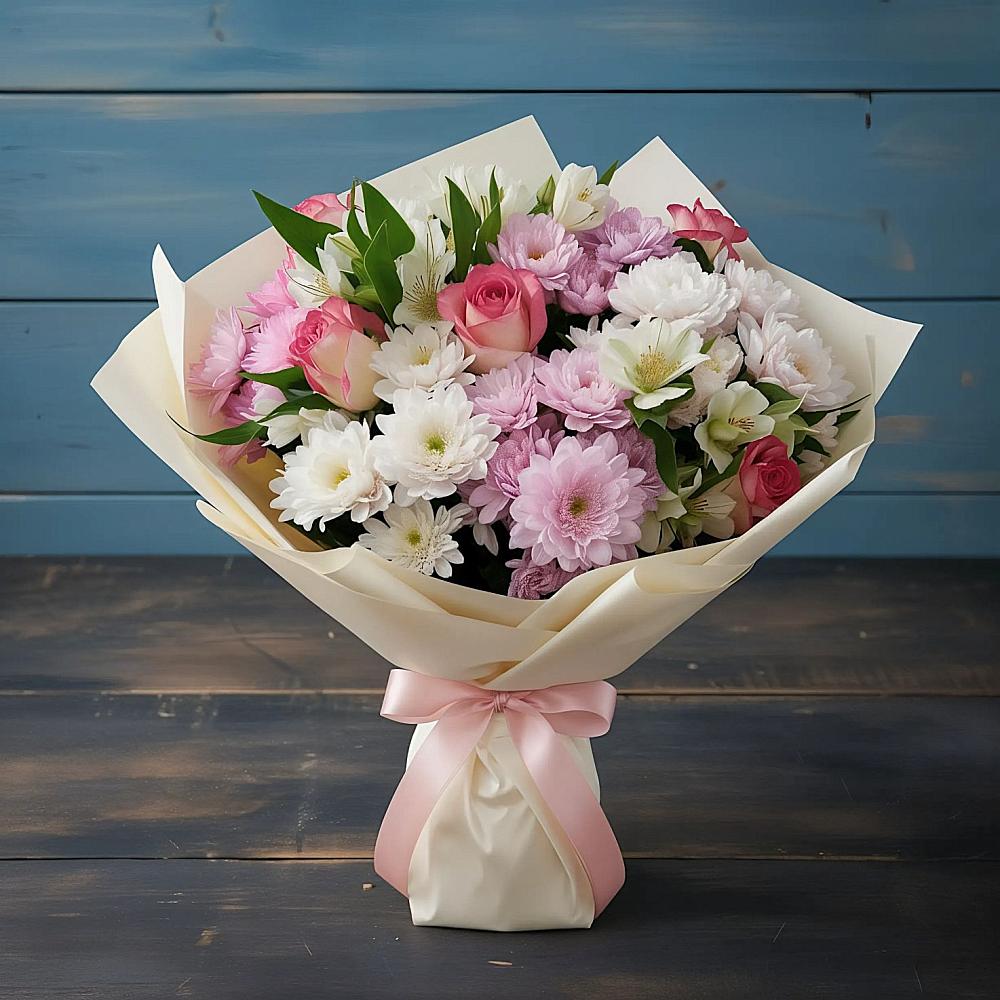 Букет цветов из: Хризантемы, Альстромерии и Розы в Водоразделе